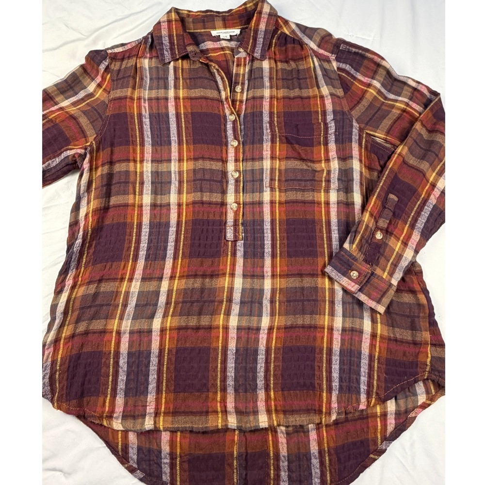 beachlunchlounge Collection Plaid Tunic Shirt Women L‎ Brown Long Sleeve rustic